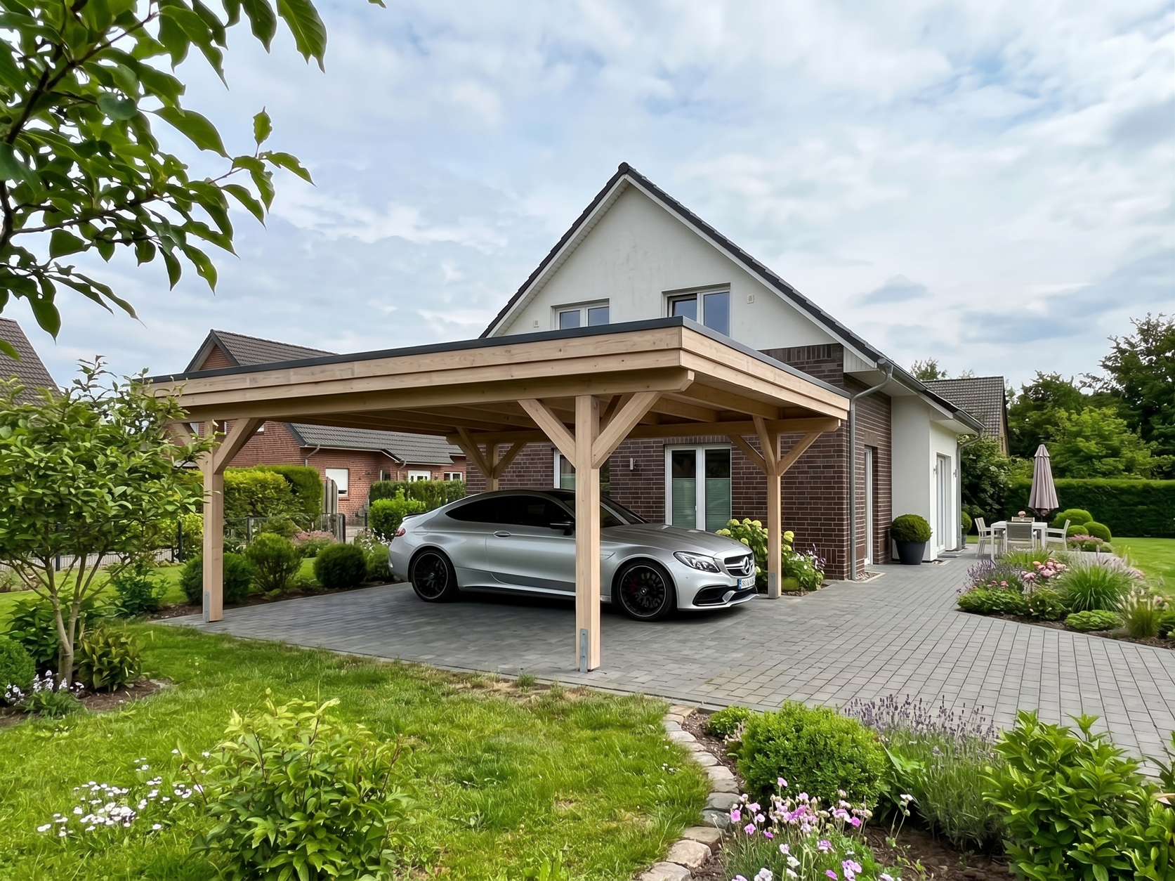 Doppelcarport mit einem Auto neben dem Haus